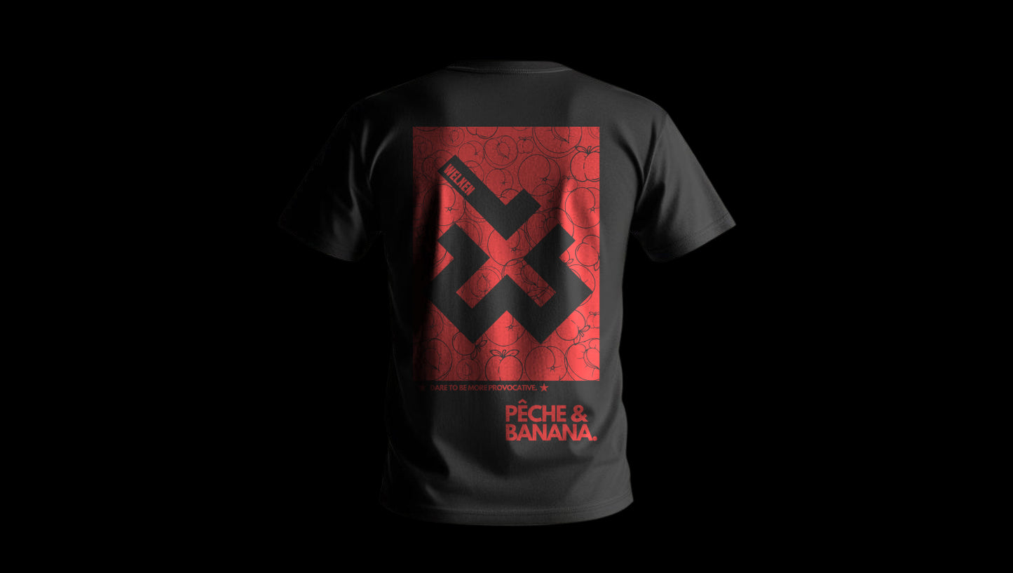 Provocative streetwear T-shirt with peach and banana graphics symbolising confidence, humour, and bold personality