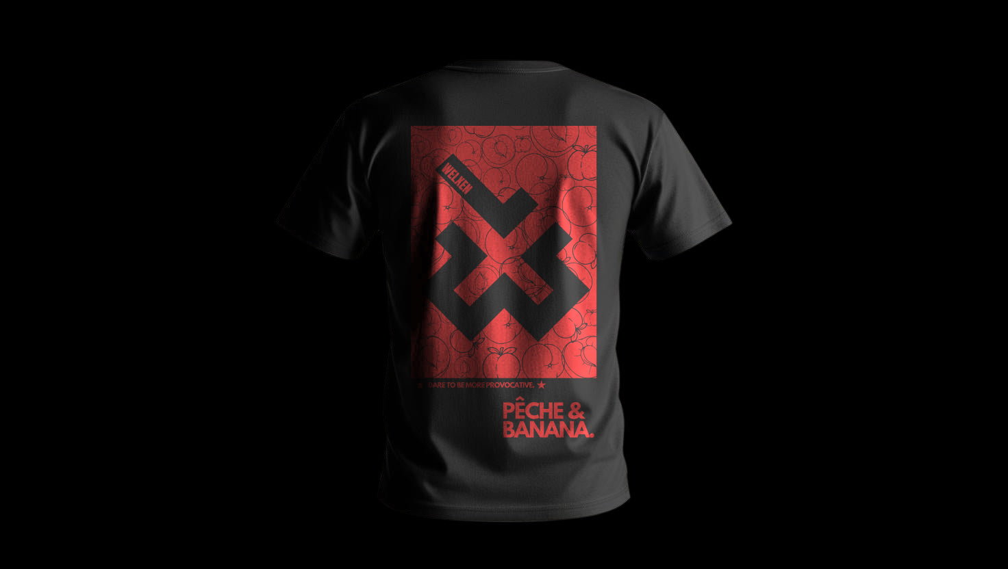 Provocative streetwear T-shirt with peach and banana graphics symbolising confidence, humour, and bold personality