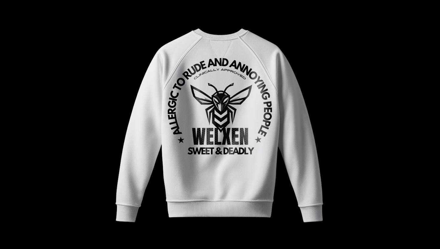 White sweatshirt with a graphic print of the Killer bee by Welxen